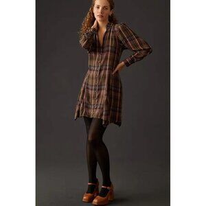Anthropologie Pilcro Blue Brown Plaid Tie Back Mini Shirt Dress XS Academia Boho